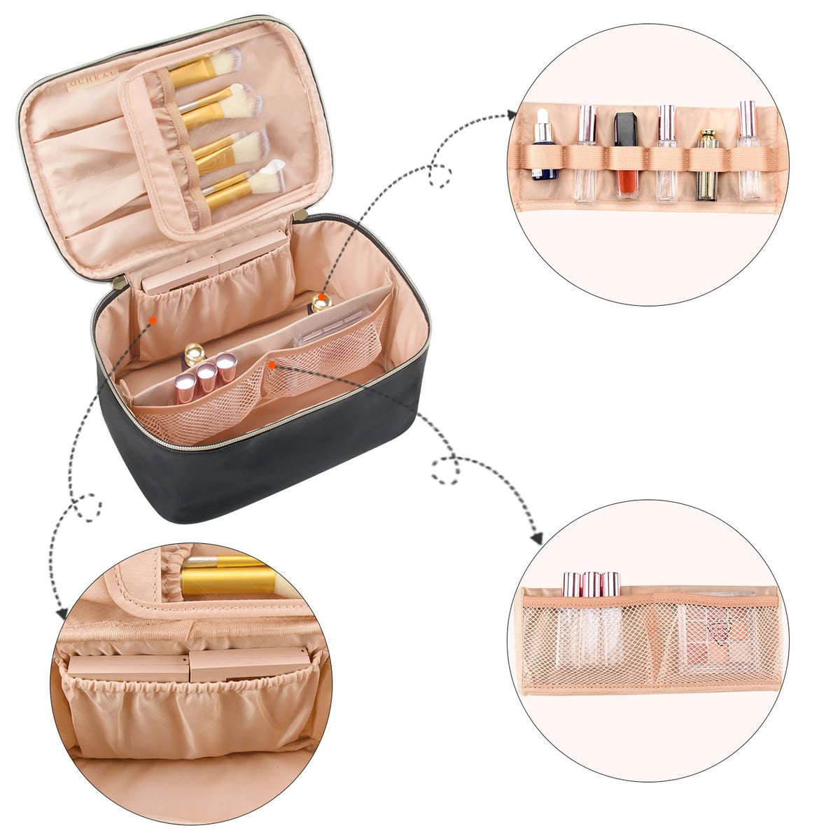 OCHEAL detailed shot of Velcro dividers and elastic loops holding products securely