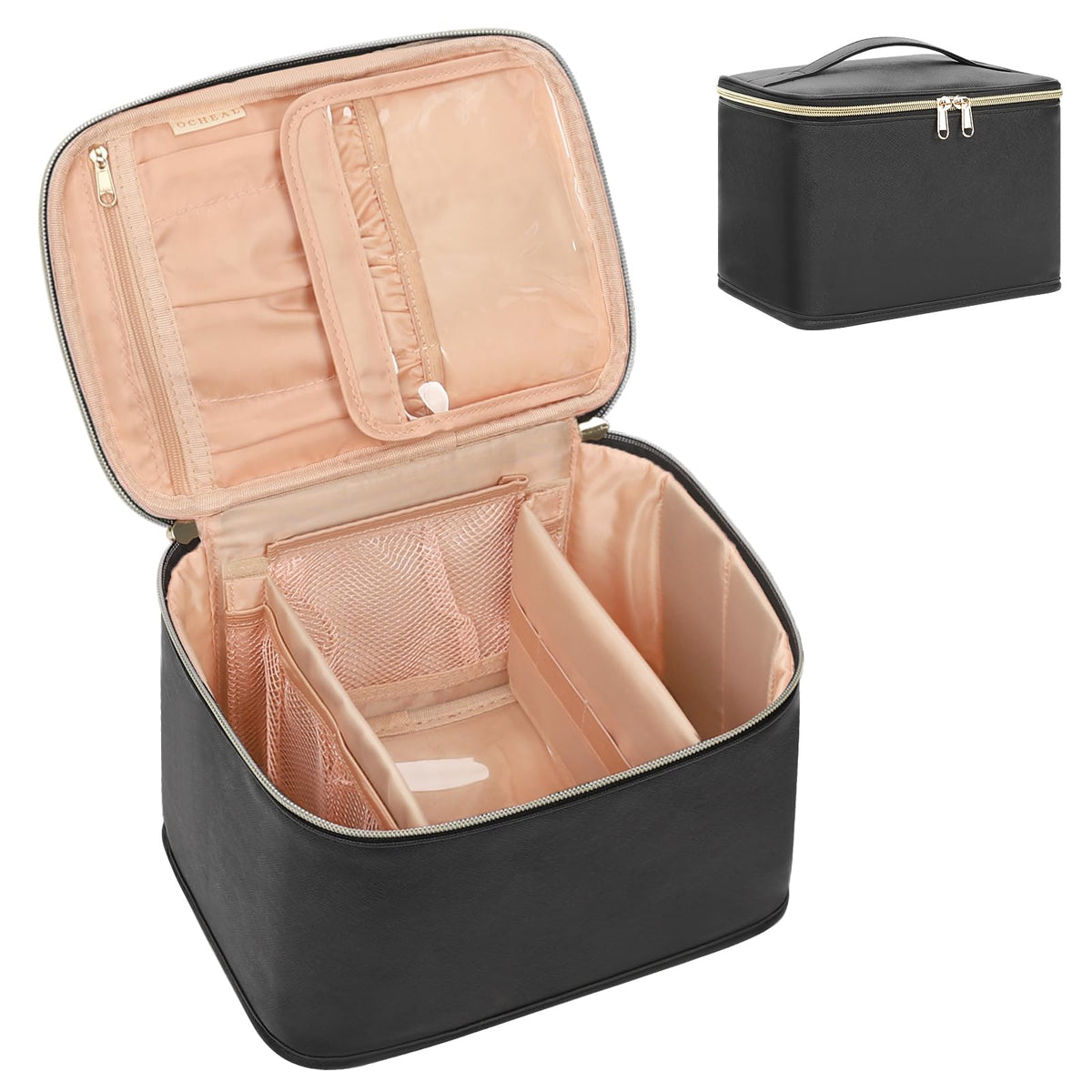OCHEAL front view of large black makeup bag showing shape and handle benefit