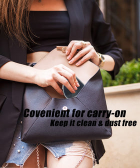 Ocim puffs inside a makeup bag illustrating portable, dust-free storage