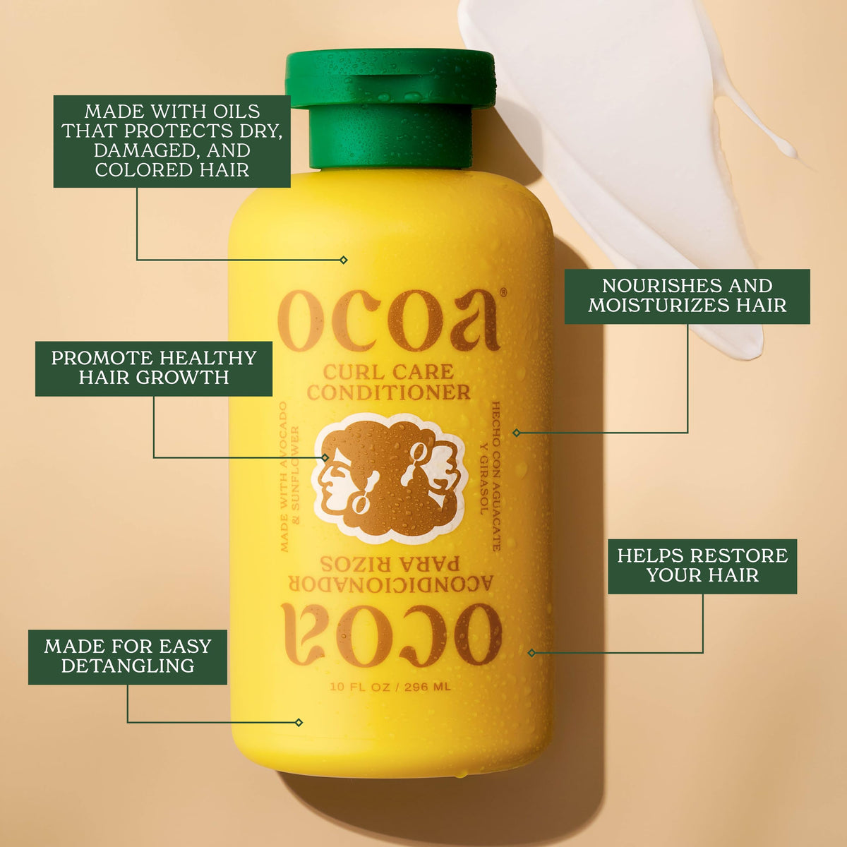 OCOA conditioner texture close-up highlighting creamy slip for detangling