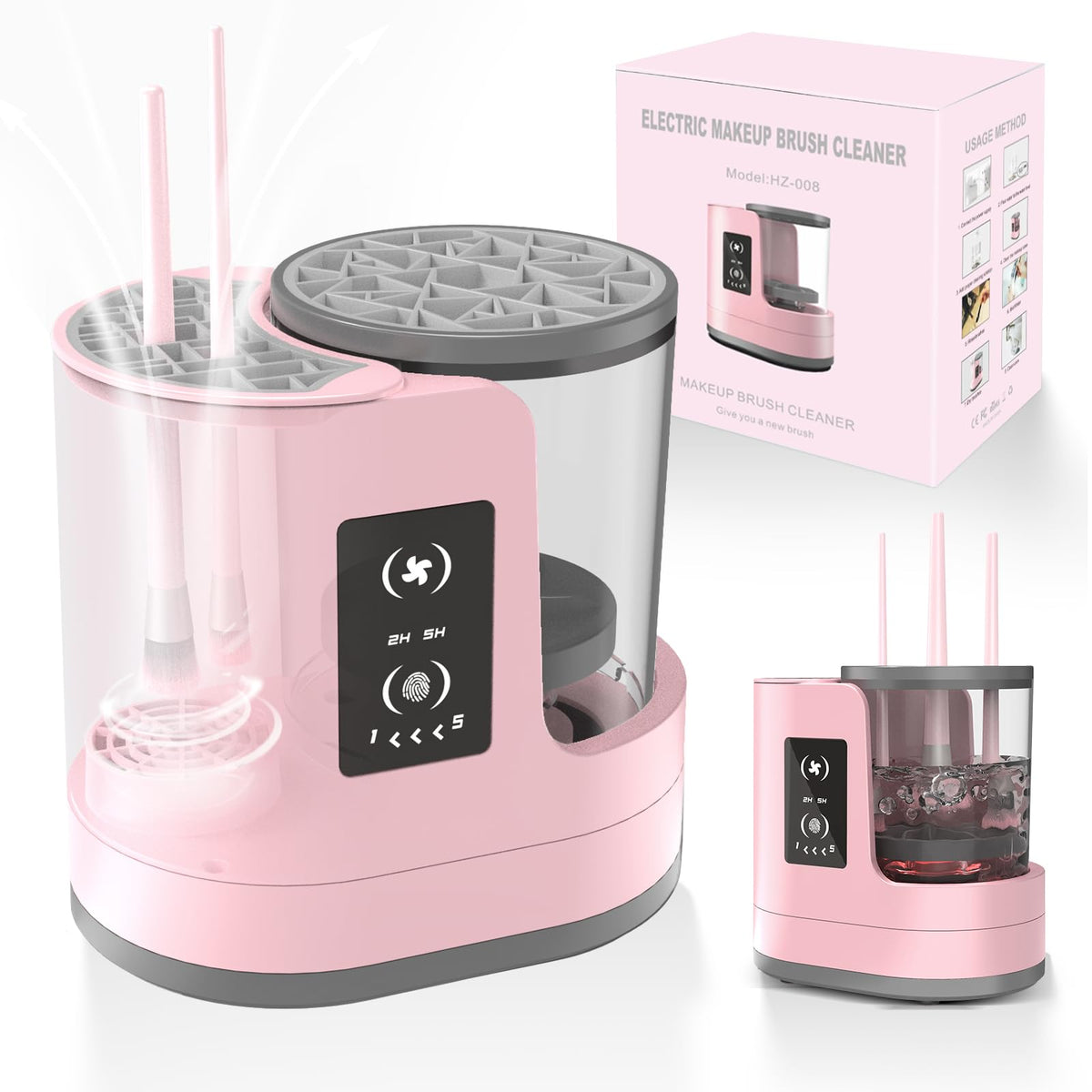 OctHope front view of rose pink brush cleaner showing sleek design and easy access
