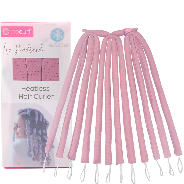 Octocurl front product shot showing full no-headband kit and benefits of heat-free styling