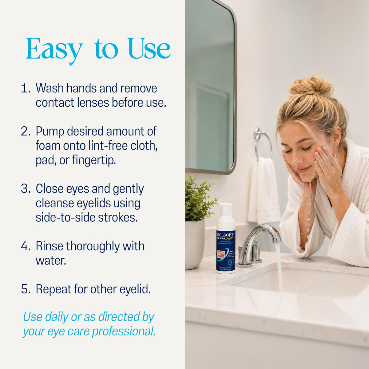 OCuSOFT foam applied to finger demonstrating safe, precise lid and lash cleaning