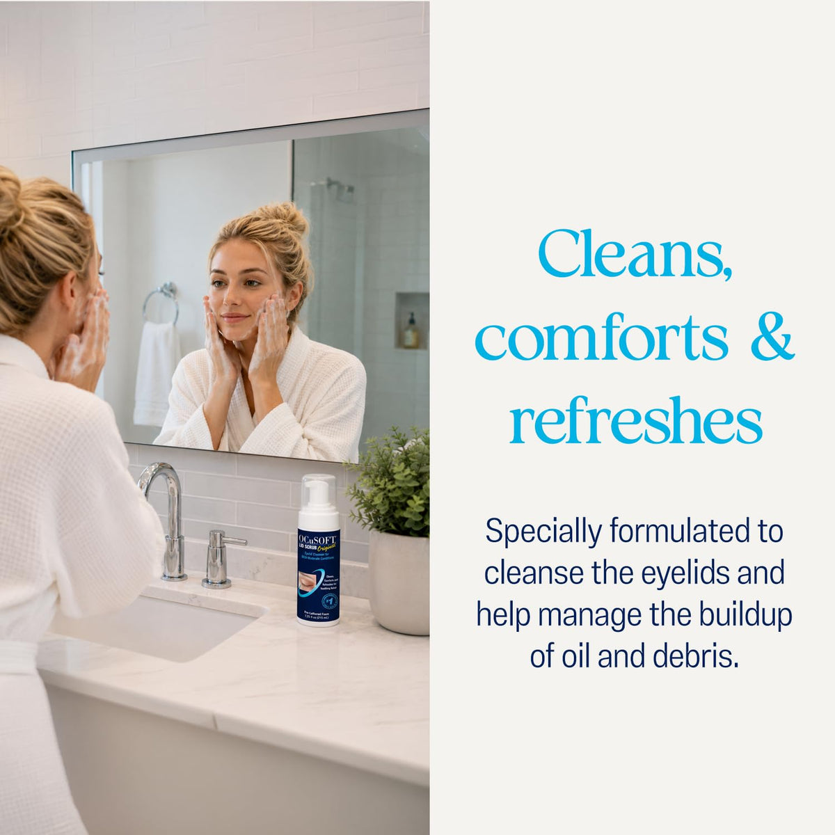 OCuSOFT foam texture on fingertip illustrating gentle lather for effective cleansing