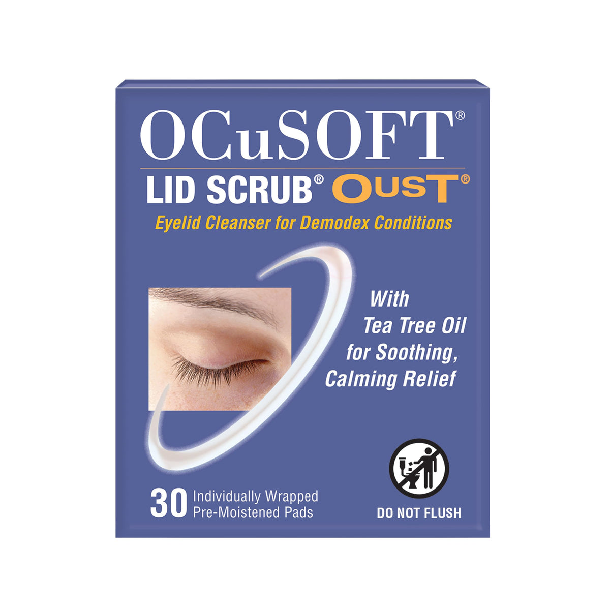 OCuSOFT front packaging showing 30 pre-moistened pads and key benefits