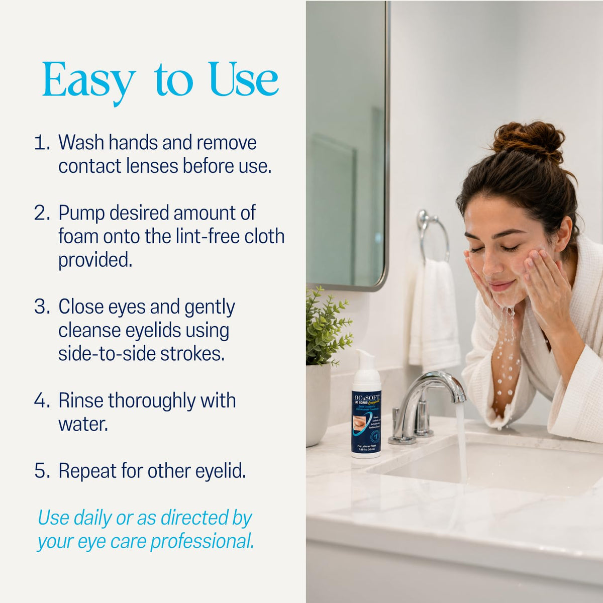 OCuSOFT pump pressed into lint-free pad showing easy foam activation and precise application