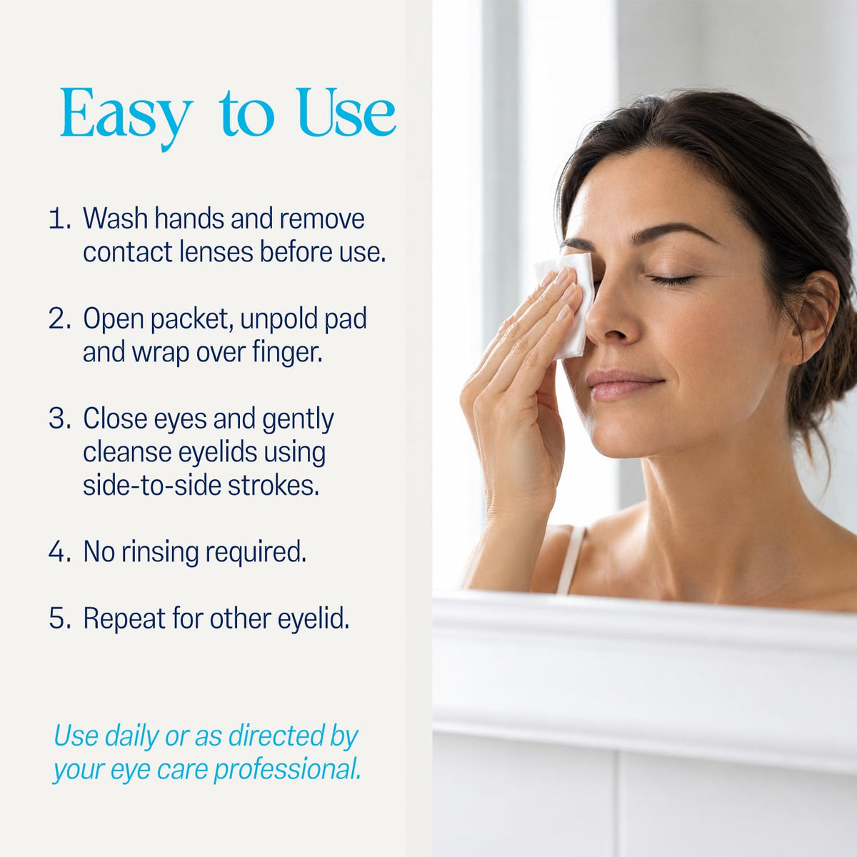 OCuSOFT pad being wiped along lashline demonstrating easy eyelid cleaning