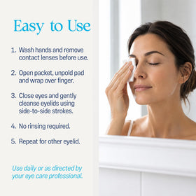 OCuSOFT pad being wiped along lashline demonstrating easy eyelid cleaning