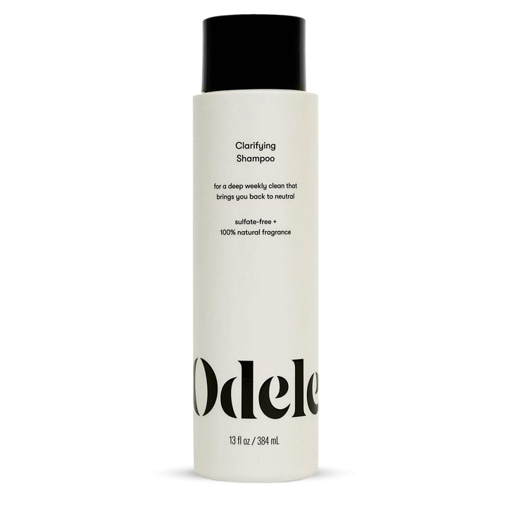 Odele clarifying shampoo front bottle shows brand and clean design benefit
