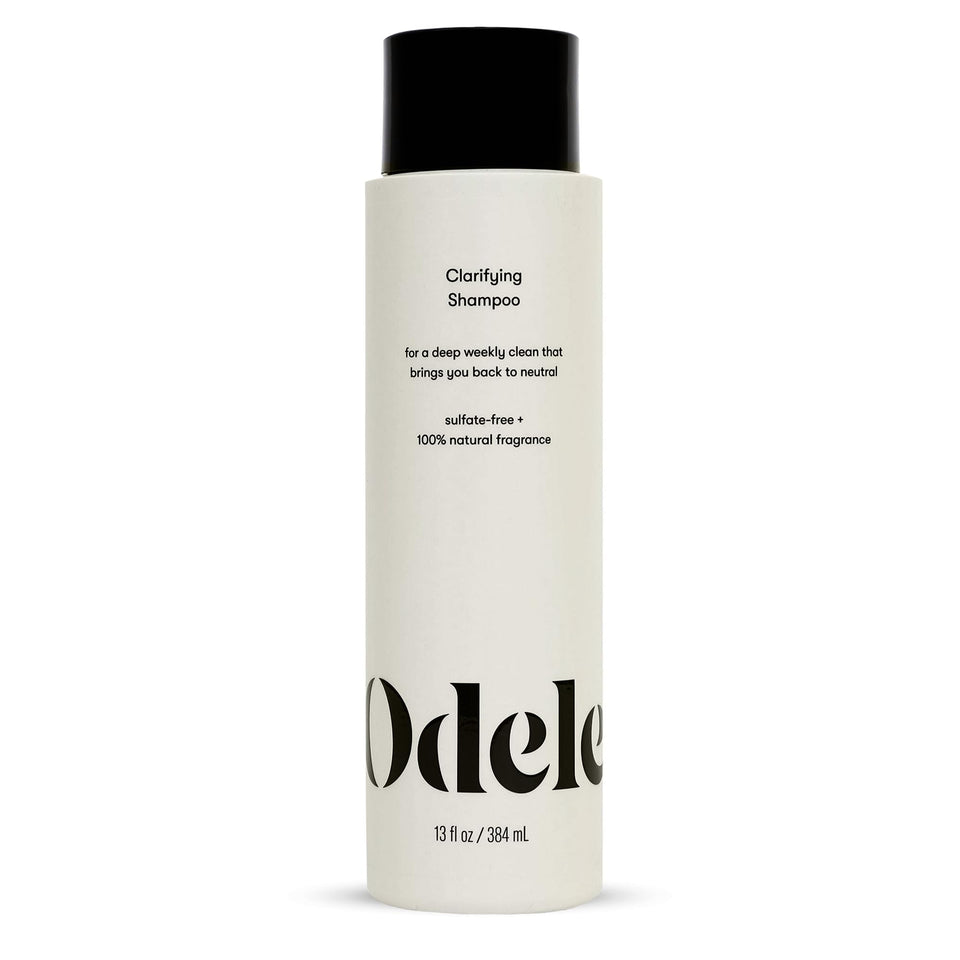 Odele clarifying shampoo front bottle shows brand and clean design benefit