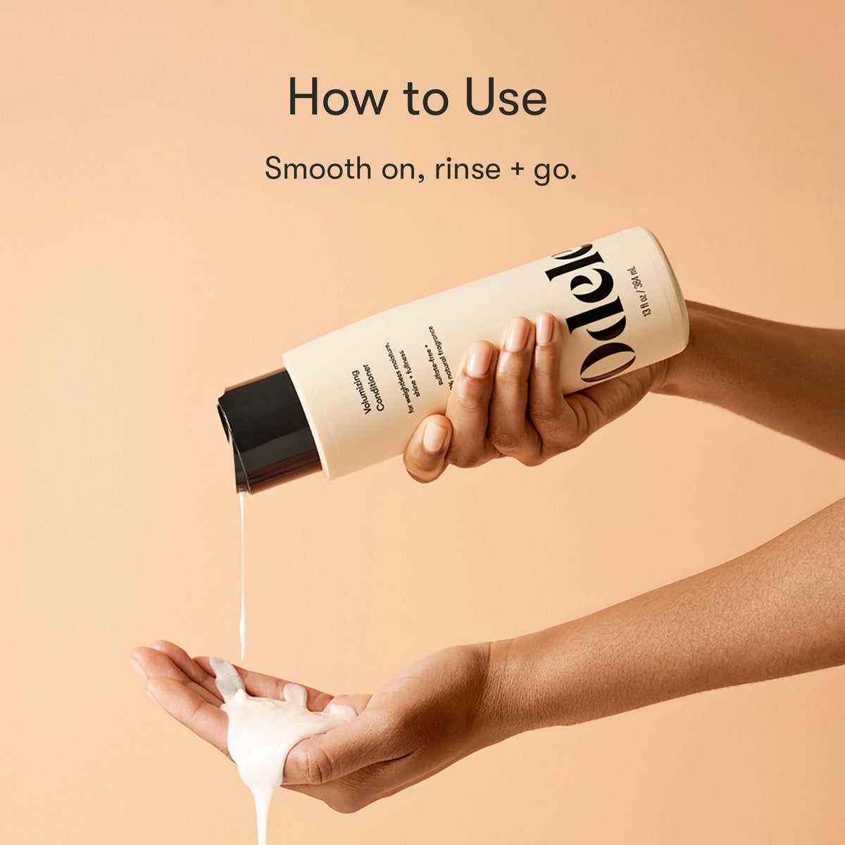 Odele conditioner applied to hair mid-lengths to show detangling and softness