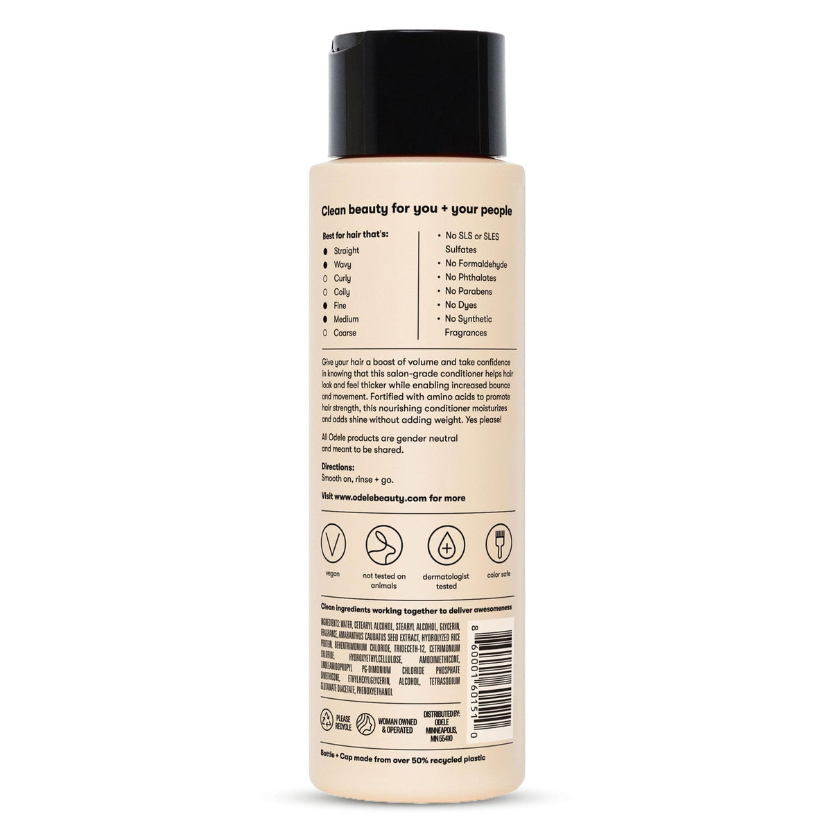 Odele conditioner on bathroom shelf styled to show clean, salon-ready routine