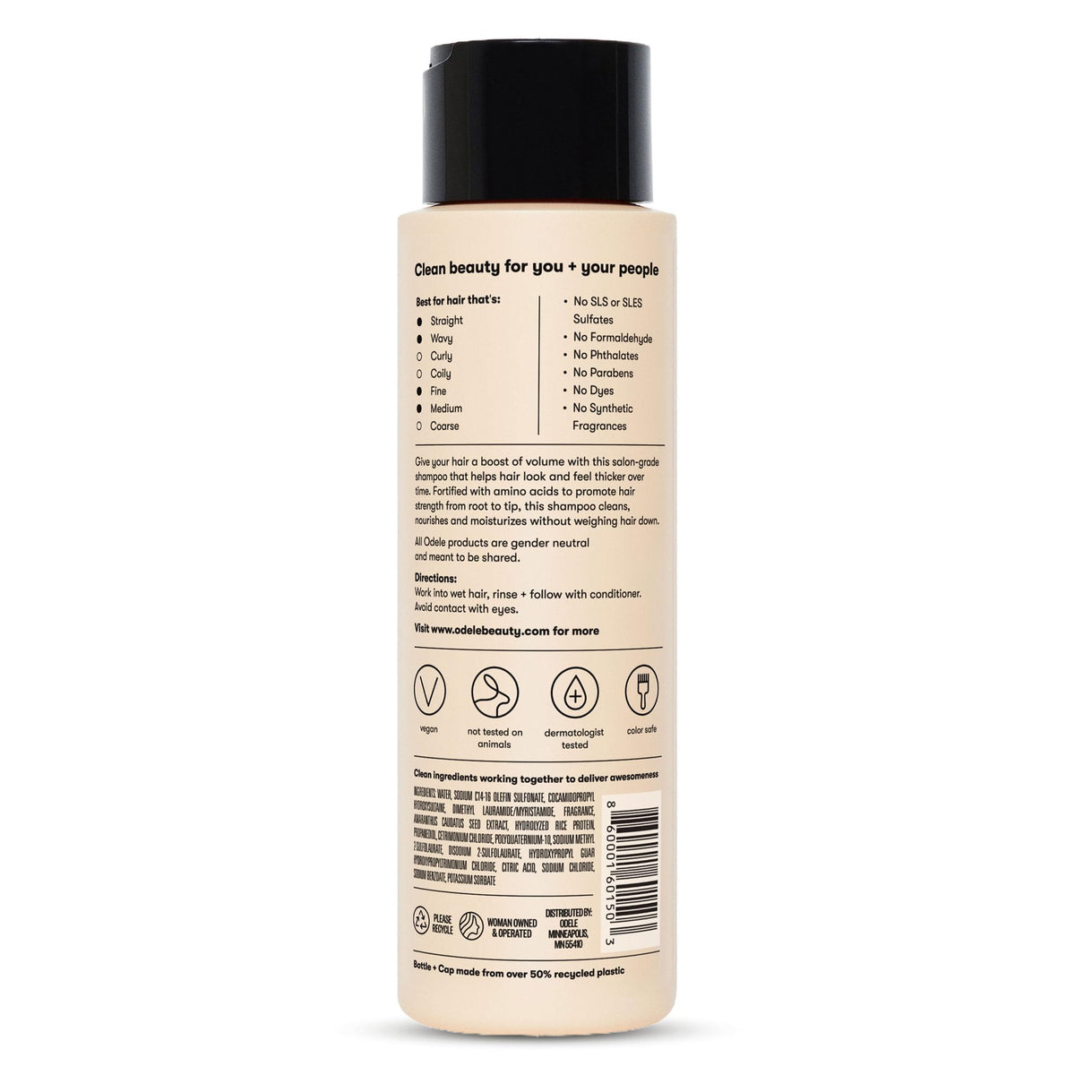 Odele shampoo on bathroom shelf in a styled setting for everyday use and appeal