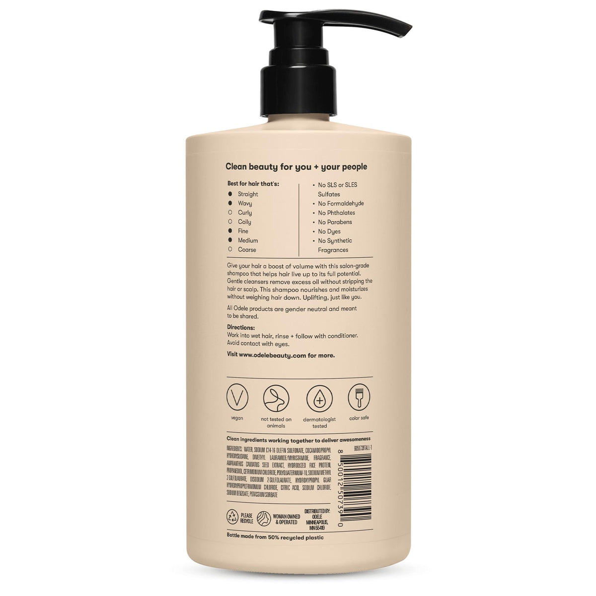 Odele shampoo staged on bathroom vanity, lifestyle image conveying clean routine