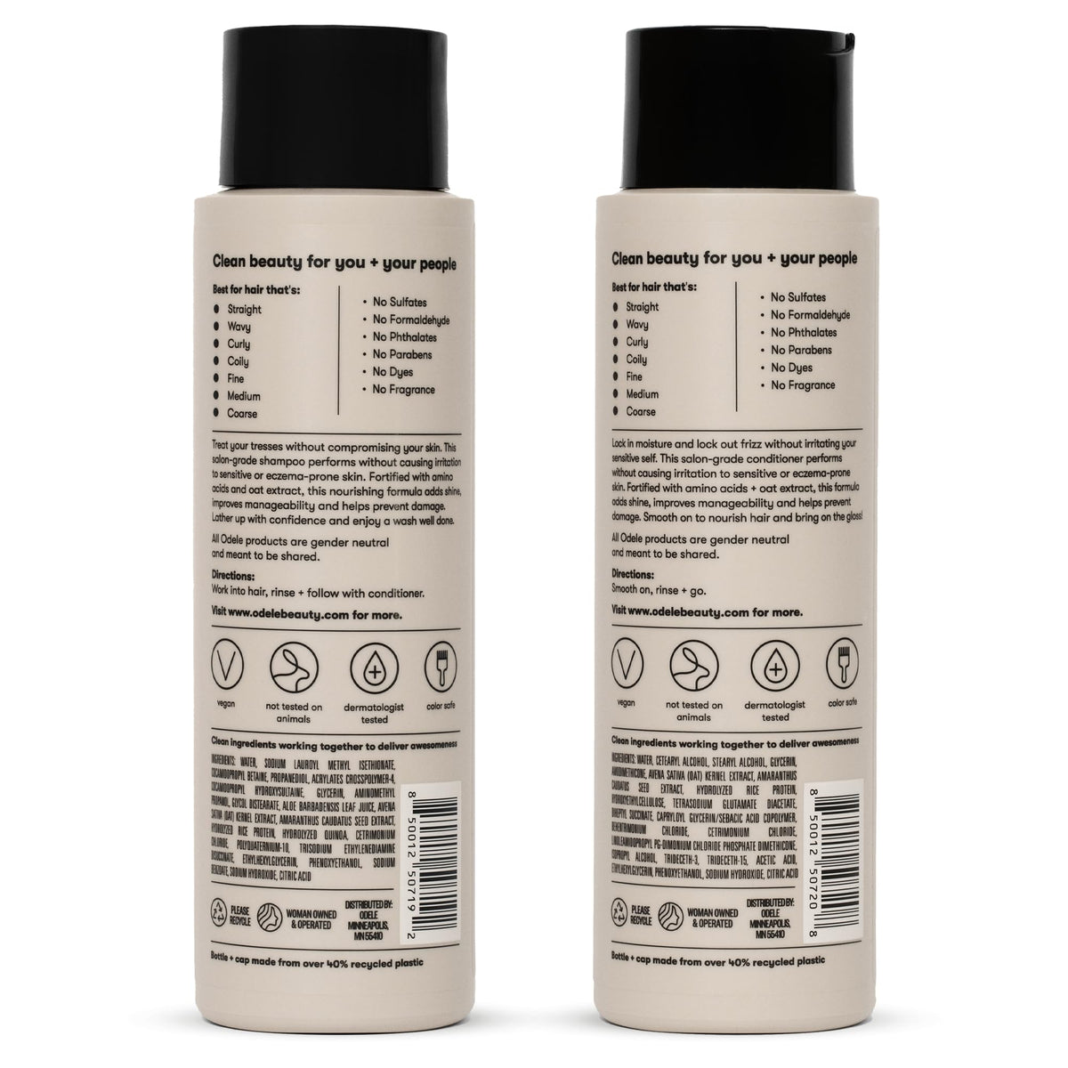 Odele bottles held in hand for scale showing travel-friendly size