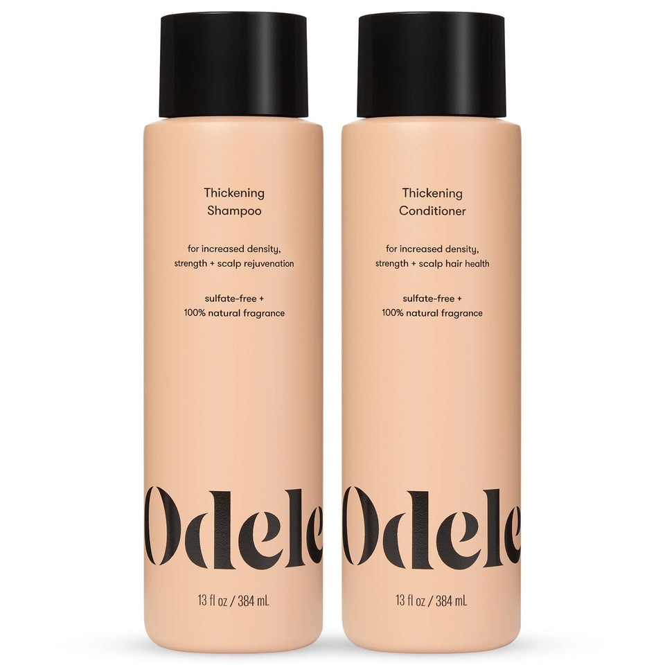 Odele thickening set front packaging showing both 13 fl oz bottles and benefits