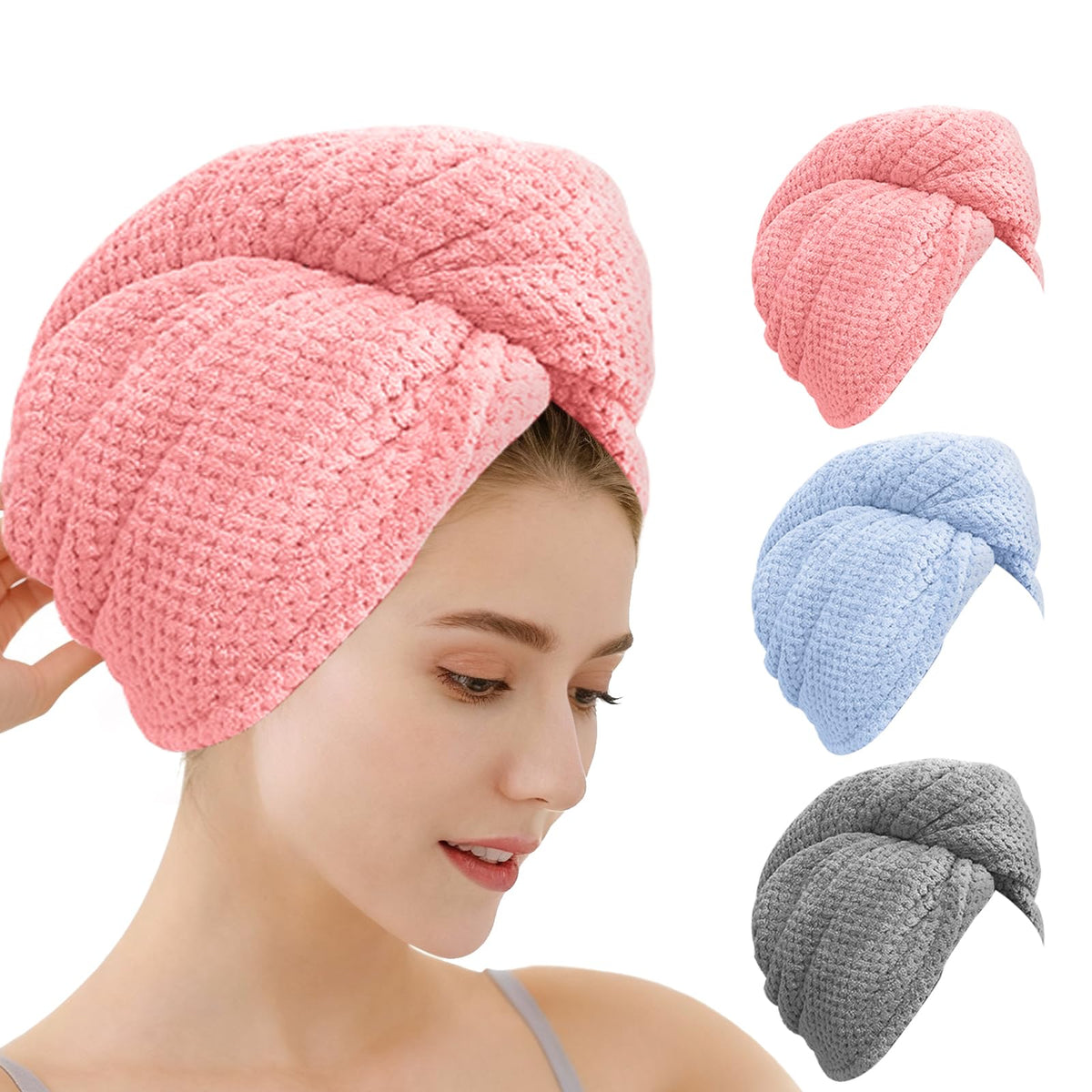 OEAGO front view of three towel wraps showing colors and packaging benefit quick drying