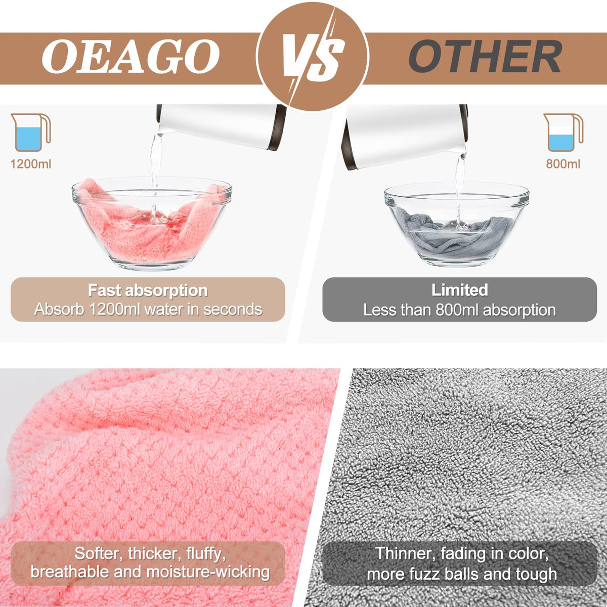 OEAGO towel wrapped on curly hair in bathroom providing frizz control benefit