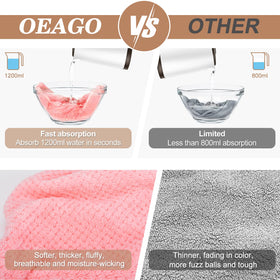 OEAGO towel wrapped on curly hair in bathroom providing frizz control benefit