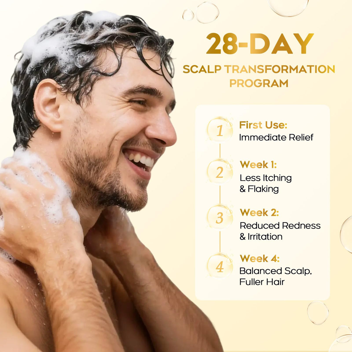 oely shampoo being poured and foaming, demonstrating gentle cleansing action