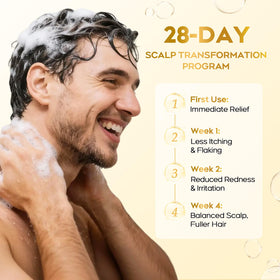 oely shampoo being poured and foaming, demonstrating gentle cleansing action