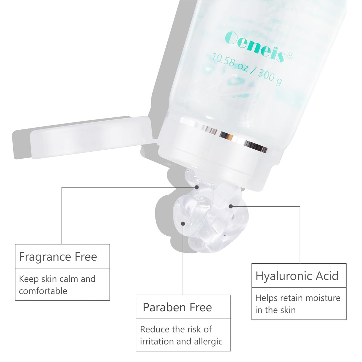 Oeneis tube cap and label details showing product size and safe ingredients