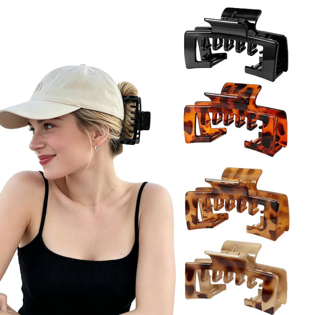 OFIGAS front view of four large trucker hat claw clips showing the set and colors for easy selection