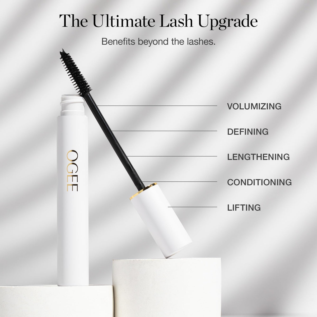 Ogee mascara applied on lashes closeup showing dramatic volume benefit