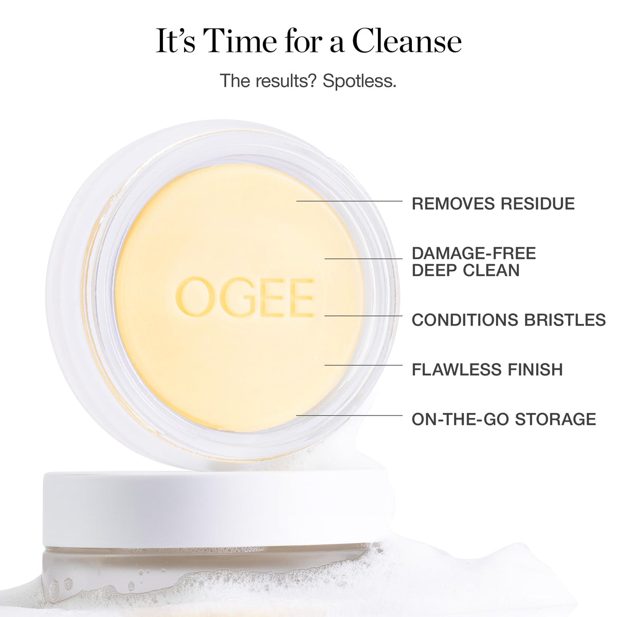 Ogee size comparison next to a brush, compact travel-ready benefit