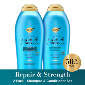 OGX bottle label close-up highlighting argan oil and Lipi Pro Shield