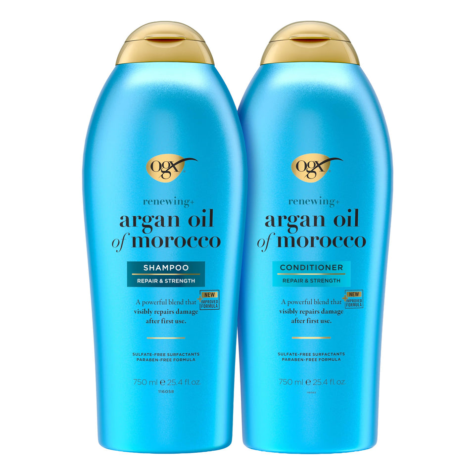 OGX front packaging showing two large bottles and brand benefits