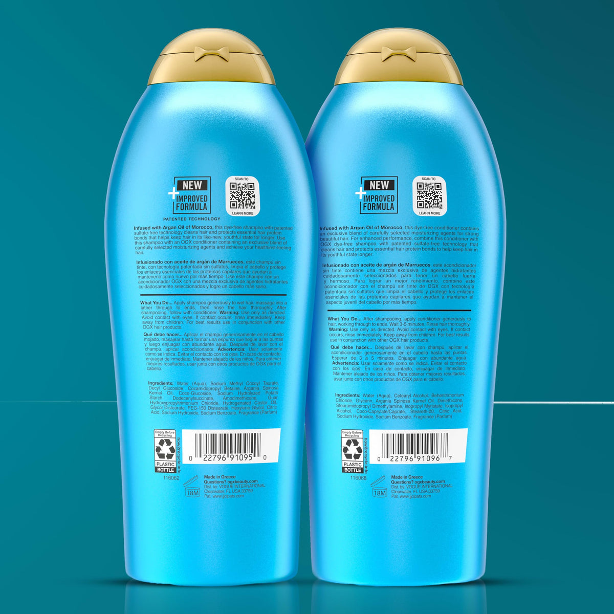 OGX duo staged on bathroom shelf conveying a premium daily routine