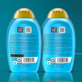 OGX before-and-after hair comparison showing reduced frizz and shine