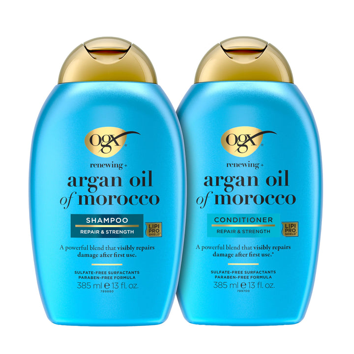 OGX front packaging showing both 13 fl oz bottles and product benefits