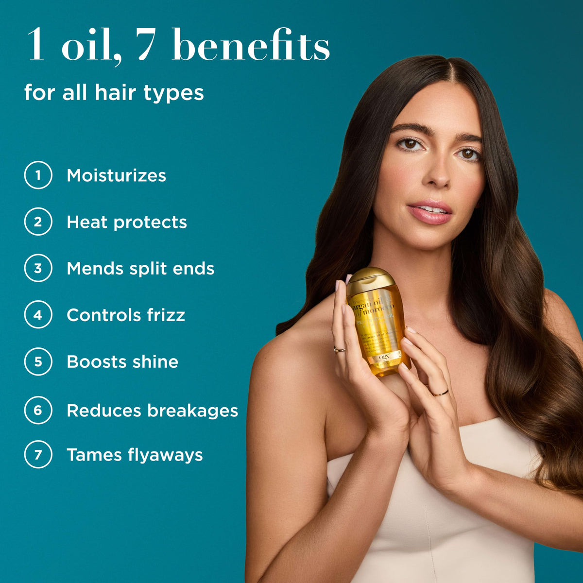 OGX Renewing Argan Oil applied to hands demonstrating easy spreadability and control