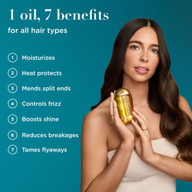 OGX Renewing Argan Oil applied to hands demonstrating easy spreadability and control