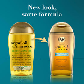 OGX Renewing Argan Oil before and after hair ends showing improved smoothness