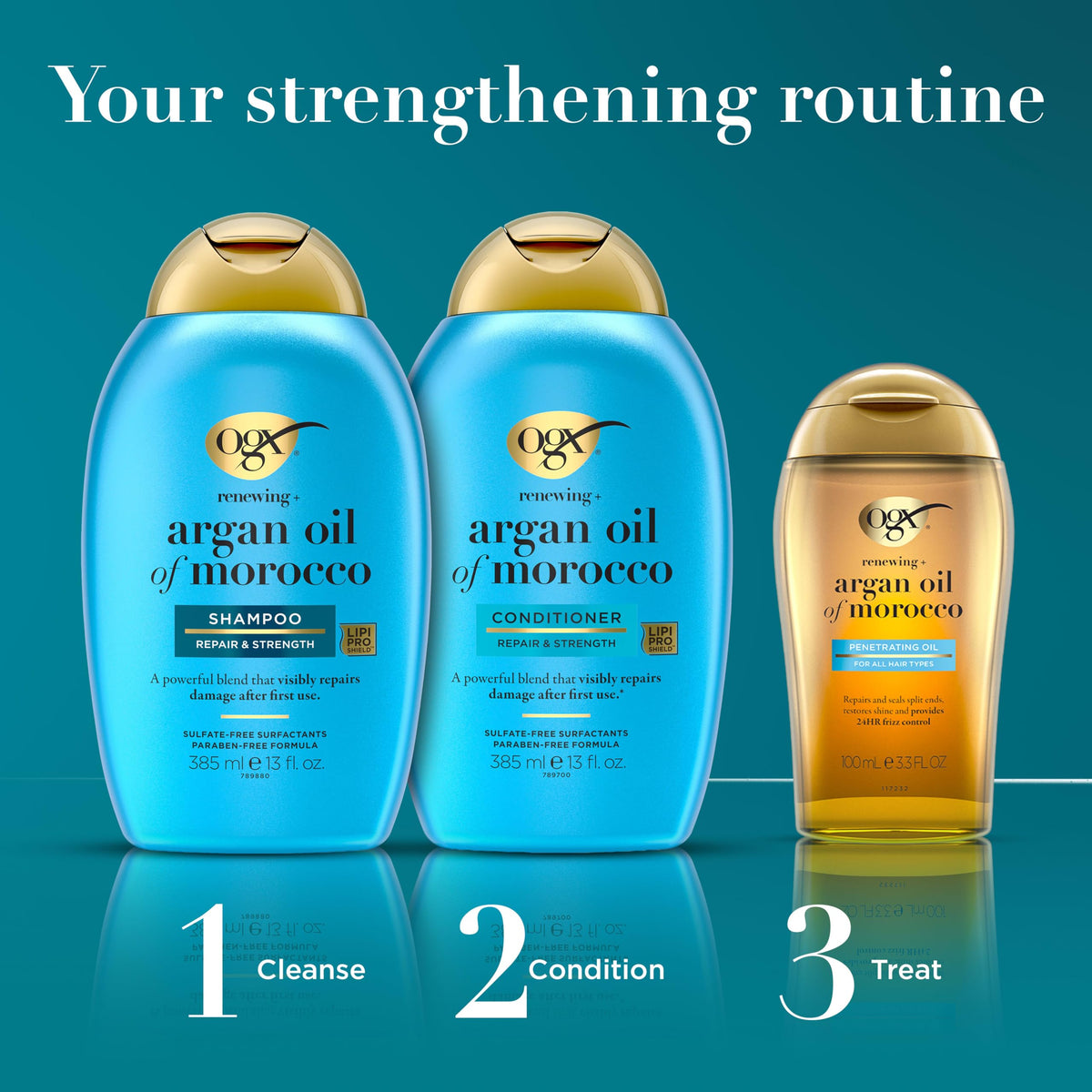OGX Renewing Argan Oil bottle paired with OGX shampoo and conditioner for routine