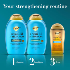 OGX Renewing Argan Oil bottle paired with OGX shampoo and conditioner for routine