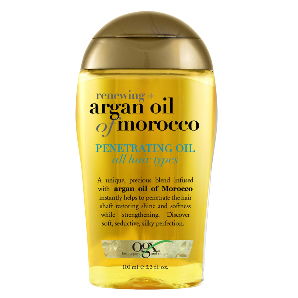 OGX Renewing Argan Oil front packaging showing bottle and label with benefits