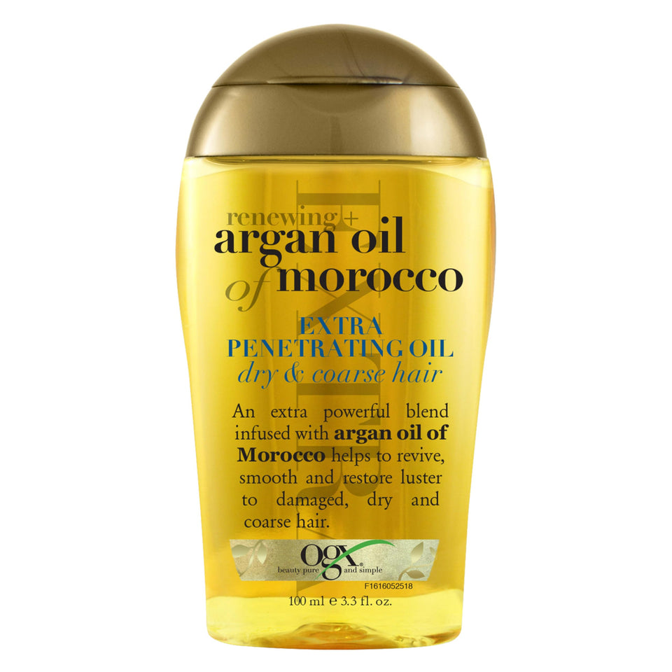 OGX front packaging of argan oil serum showing bottle and branding for shine