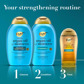 OGX ingredient label closeup showing argan oil and silk proteins benefits