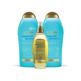 OGX lotion on bathroom shelf suggesting daily routine convenience benefit