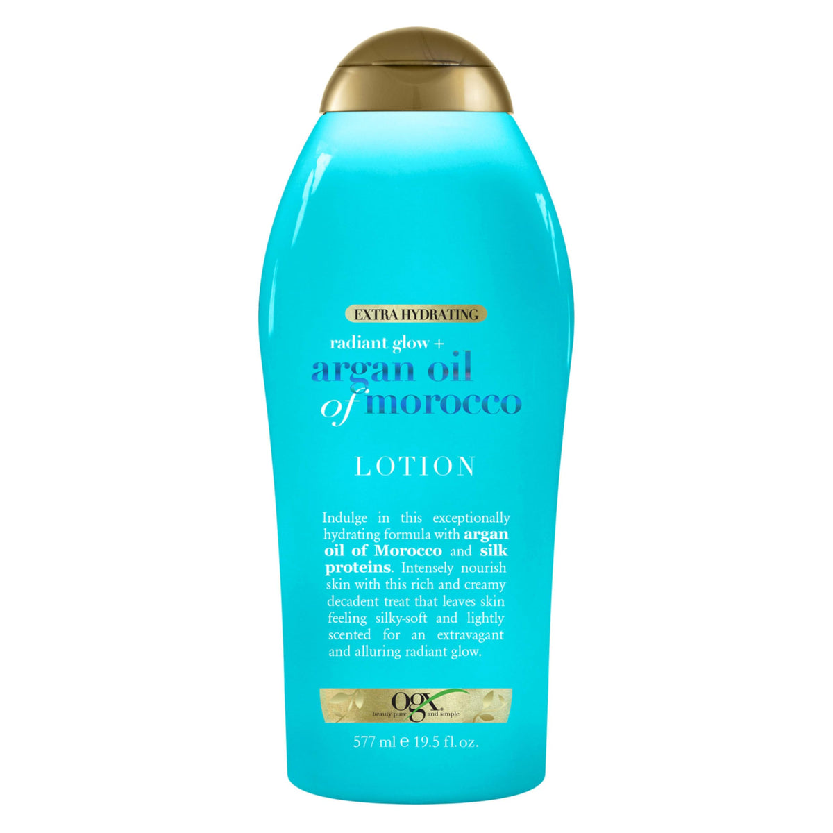 OGX bottle front packaging showing label and 19.5 oz size benefit