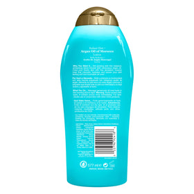 OGX bottle held next to a hand showing scale and travel-friendly size benefit