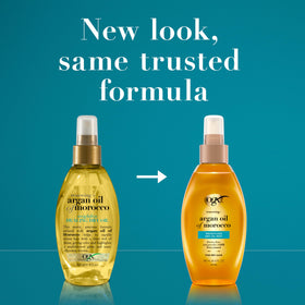 OGX mist spraying onto hair, demonstrating lightweight coverage and shine