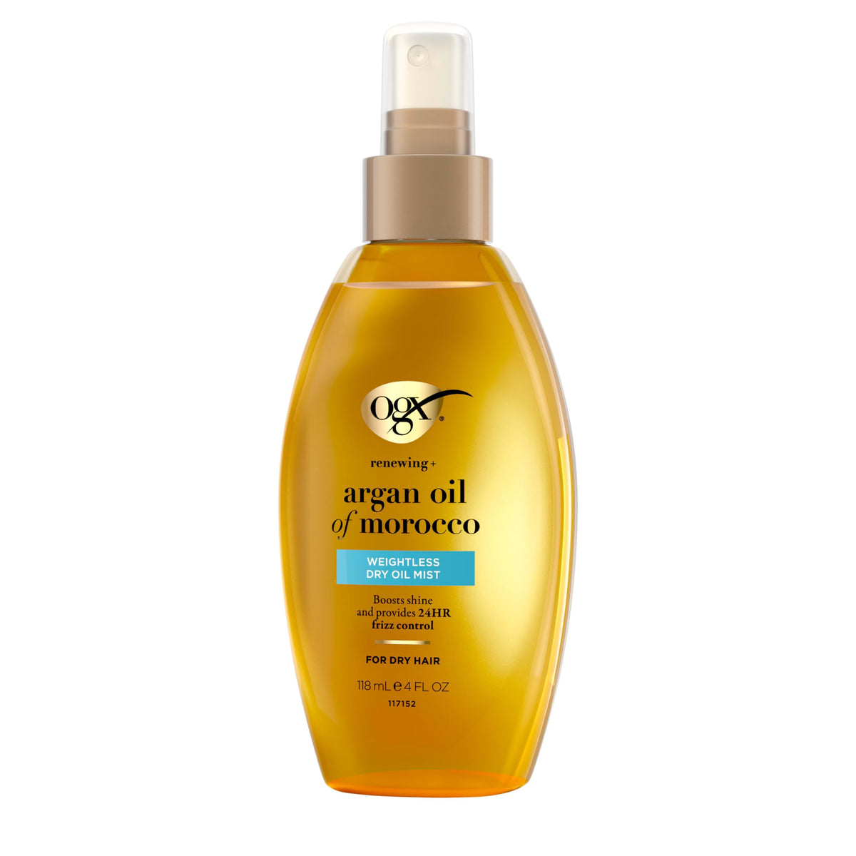 OGX bottle held in hand to show 4 fl oz compact travel-friendly size