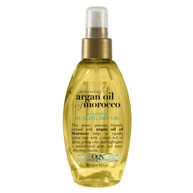 OGX front packaging of argan oil weightless spray showing bottle and label benefit