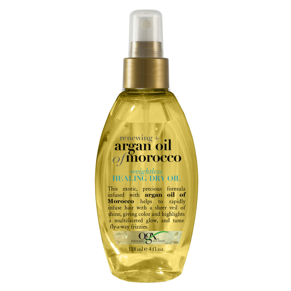 OGX front packaging of argan oil weightless spray showing bottle and label benefit