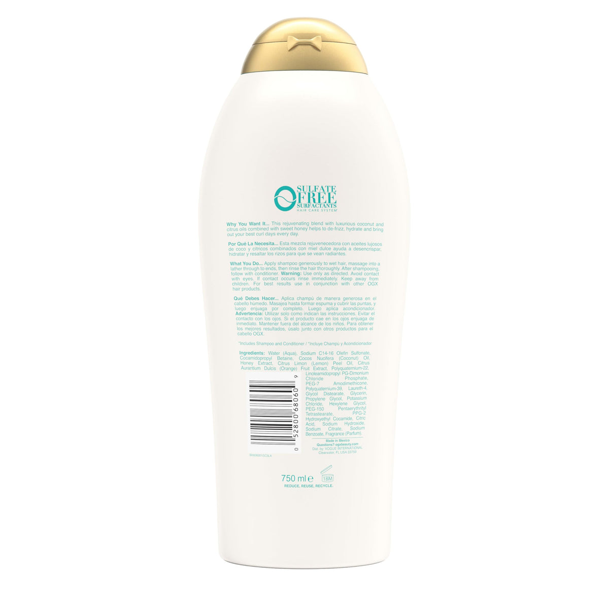 OGX bottle staged in bathroom for lifestyle usage and scent appeal
